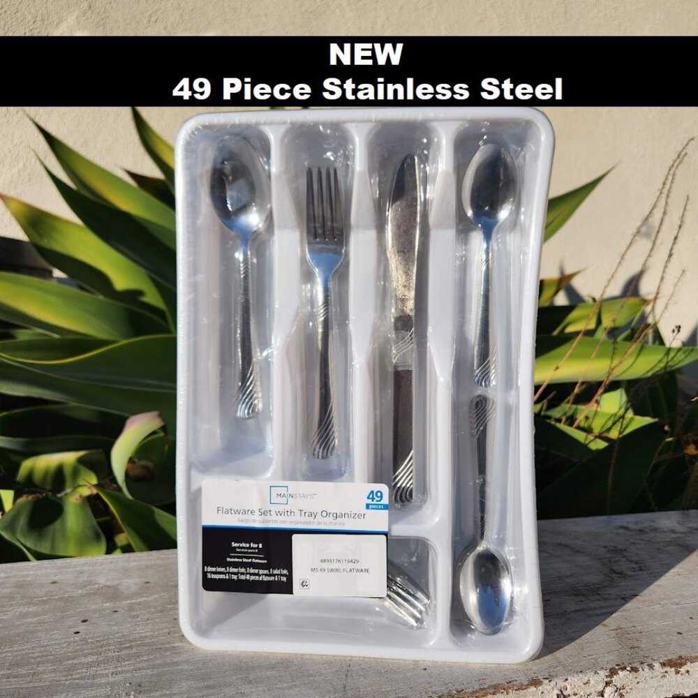 NEW 49 Piece stainless steel Flatware set with Tray spoons forks knives